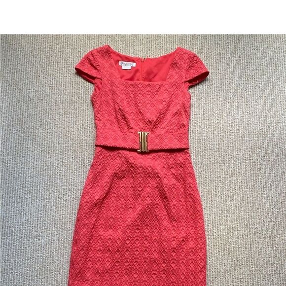 Kay Unger Deep Coral Textured Gold Belted Dress - Picture 5 of 16